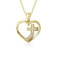 MRENITE Solid 14k Yellow Gold Love Heart Necklace for Women, Real Gold Heart Pendant with Cross/Circle Ring/CZ Jewelry Gift for Her Women