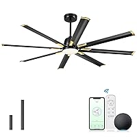 72 Inch Industrial Smart Ceiling Fan with Light and Remote Control,Large Ceiling fan with 8 Aluminium Blades,Black and Gold Outdoor Ceiling Fans for Home or Exterior