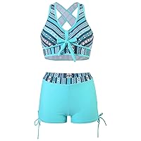 Girls Modest Bikini Set Crisscross Back Paisley Print Swimsuit Two Piece High Waisted Shorts Bathing Suit Tie Front Beachwear
