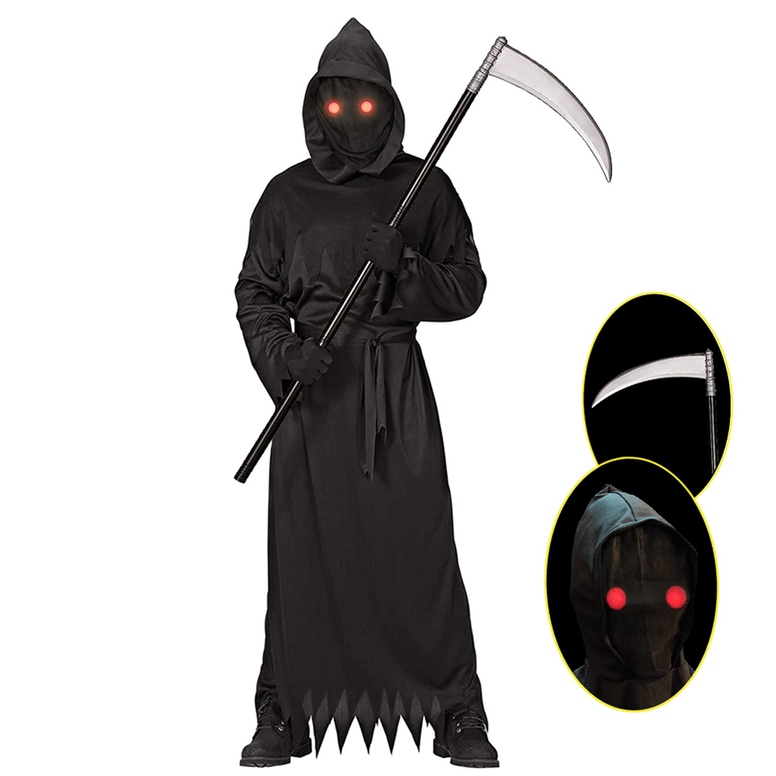 Grim Reaper Halloween Costume with Glowing Red Eyes for Adult, Scythe Included