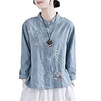 Chinese Style Embroidered Cotton Linen Shirts Spring Summer Retro Buttoned Long-Sleeved Stand-Up Collar Clothes