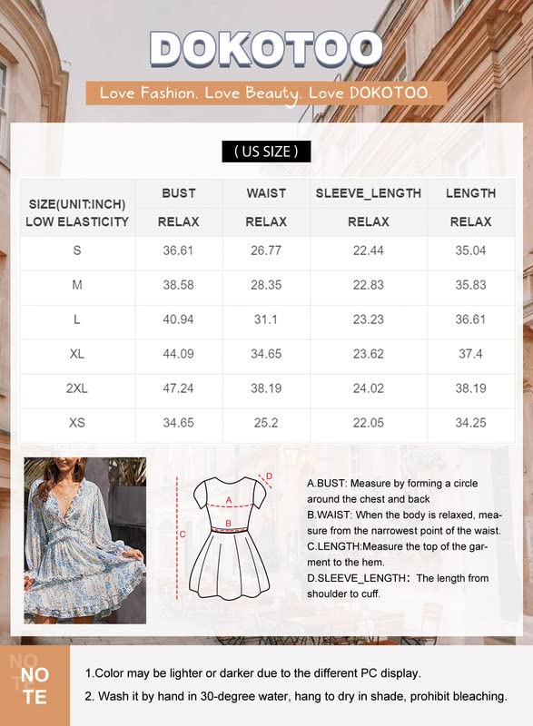 Dokotoo Womens 2023 Spring Summer Deep V Neck Ruffle Long Sleeve Floral Print Mini Dress