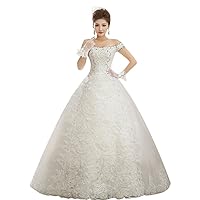 Flat Shoulder Lace Ball Gown Bride Wedding Dress Custom Size
