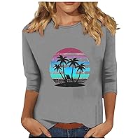 Womens Tops 3/4 Sleeve Crewneck Cute Shirts Casual Sunset Print Trendy Tops Three Guarter Length T Shirt Summer Pullover