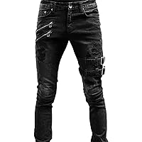 Men's Distressed Moto Biker Jeans Ripped Punk Gothic Zipper Denim Pants Hip hop Tapered Leg Slim Fit Jean