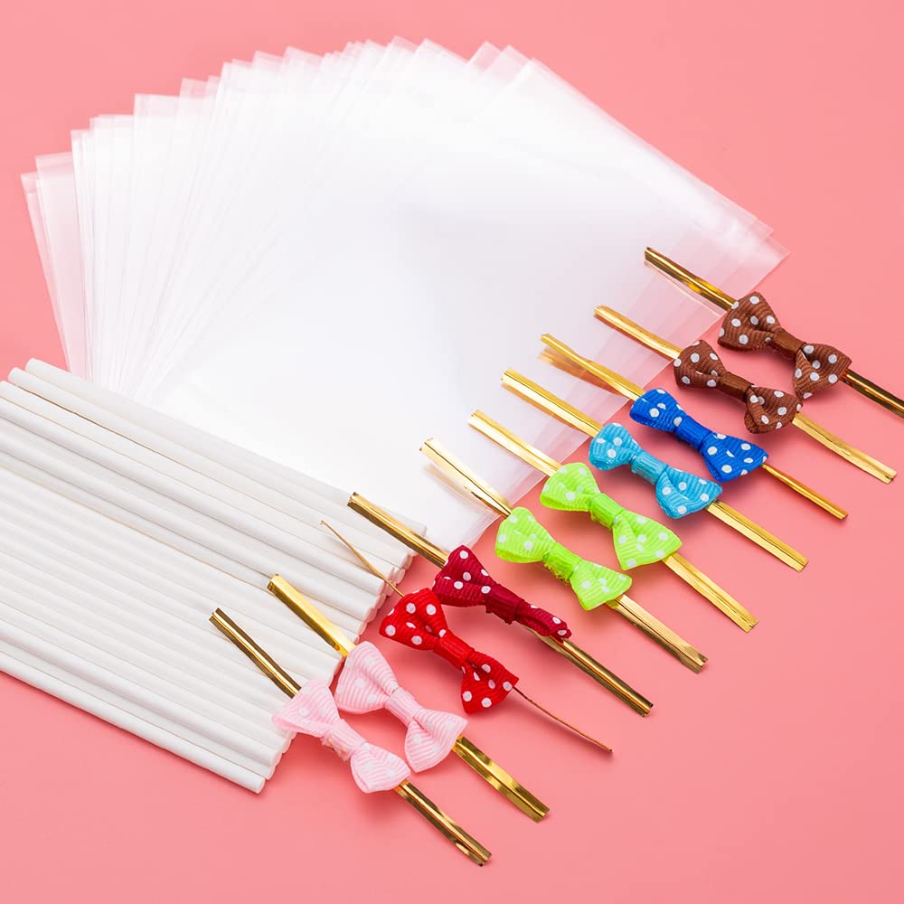 320Pcs Cake Pop Sticks and Wrappers Kit, Lollipop Sticks Cake Pop Bags with Metallic Twist Ties Bow, Perfect for Making Lollipops, Candies, Chocolates and Cookies - Great for Parties