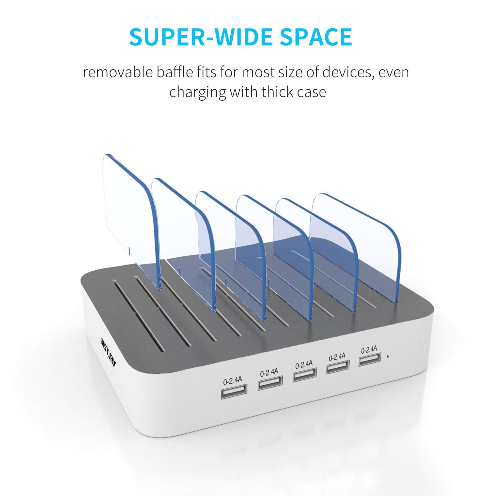 Charging Station for Multiple Devices, MSTJRY 5 Port Multi USB Charger Station with Power Switch Designed for iPhone iPad Cell Phone Tablets (White, 6 Mixed Short Cables Included)