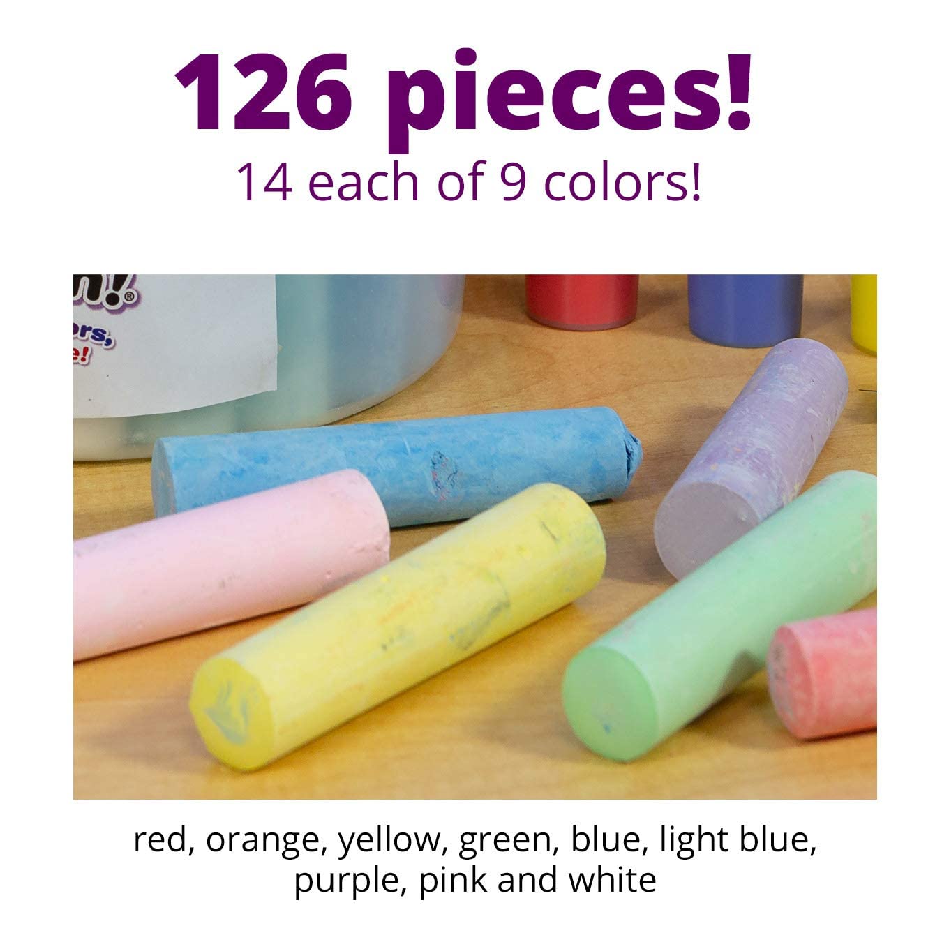S&S Worldwide Giant Box of Jumbo Sidewalk Chalk, 126 Pieces, 9 Colors - Bulk Set Color Splash Outdoor Colored Chalk for Kids and Toddlers Ages 3+, Non-Toxic