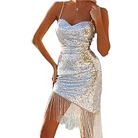 Women’s Sexy Square Neck Sequin Glitter Tassel Sleeve Party Mini Dress