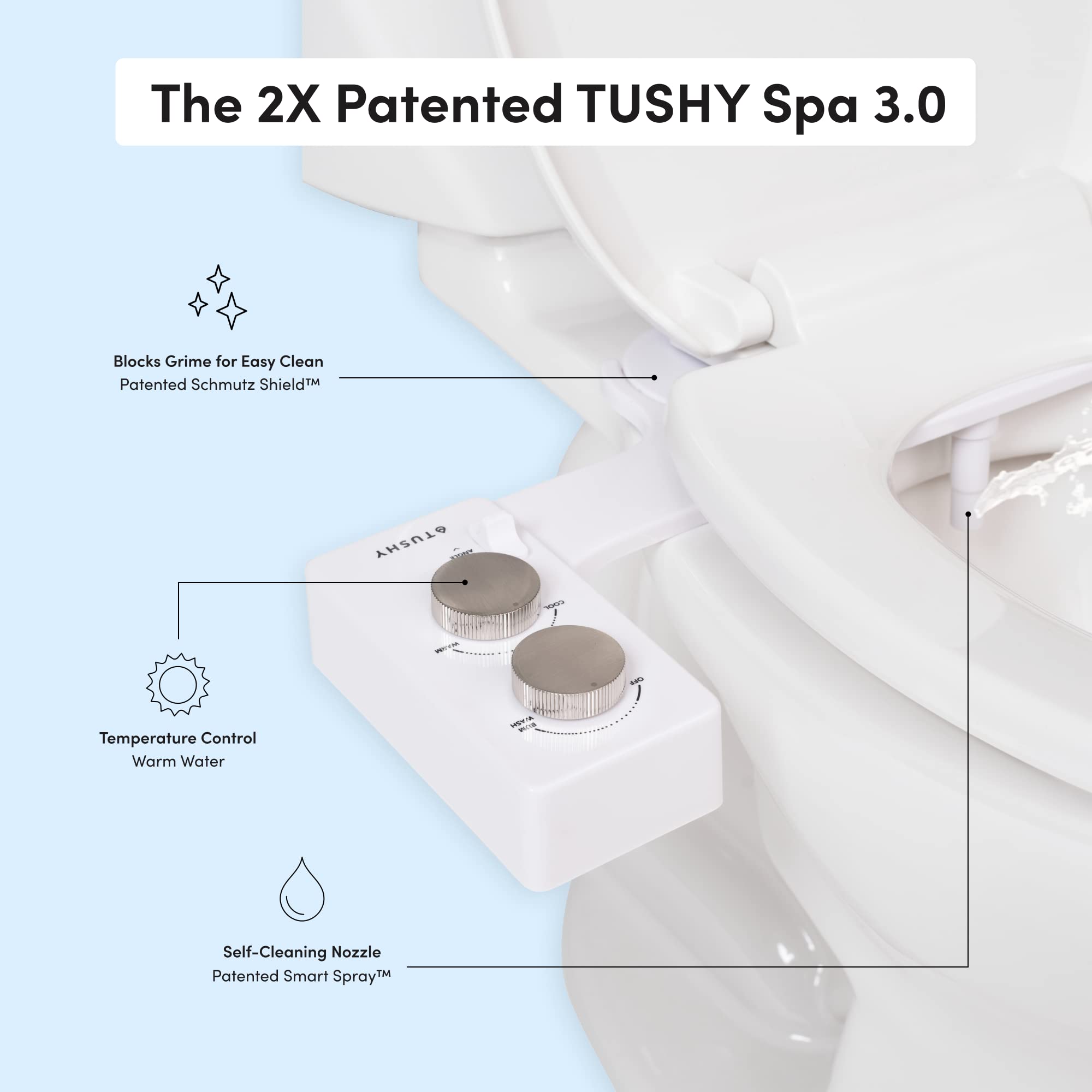 Tushy Warm Water Spa Bidet Attachment | Self Cleaning Fresh Water Sprayer +Adjustable Pressure Nozzle, Angle Control, (Adjustable Cool to Warm Water Temperature Option), Platinum Knobs
