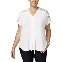 Women's Plus Size Short Sleeve Extented Tie Front Top with Lace at Shoulder and Back Yoke