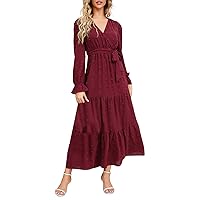 XJYIOEWT Sun Dress Plus Size Women 5XL,Women Casual Solid Maxi Dress V Neck Large Swing Dress Belt Long Sleeve Long Wedd
