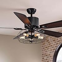 Industrial Caged Ceiling Fan Light with Remote Control 52 Inch Vintage Ceiling Fan Light Farmhouse Black Retro Indoor Fandelier with 5 Reversible Wood Blades for Living Room Bedroom
