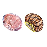 mikimini Rainbow Series Shower Cap 1 Pack, 12inch Double Waterproof Soft PEVA Lining(B)& Golden Striped Shower Cap 2 Pack, Double Waterproof Soft PEVA Lining （Stripe）