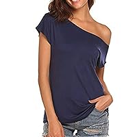 Women's Casual Off Shoulder Tops Summer Short Sleeve Backless Dressy T Shirts Fashion Loose Fit Solid Color Blouses