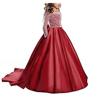 VeraQueen Children's A Line Satin Flower Girl Dress Long Sleeves Button Ball Gowns for Kids