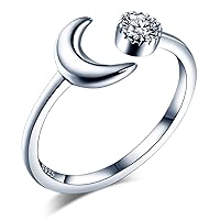Moon 925 Sterling Silver Cubic Zirconia Casual Wear Opening Ring for Women/Girls, Adjustable Size 5.5-7