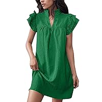Women's Spring Dresses 2024 Fashion Casual Solid Color V-Neck Loose Ruffle Sleeve Short Dress Wedding, S-XL