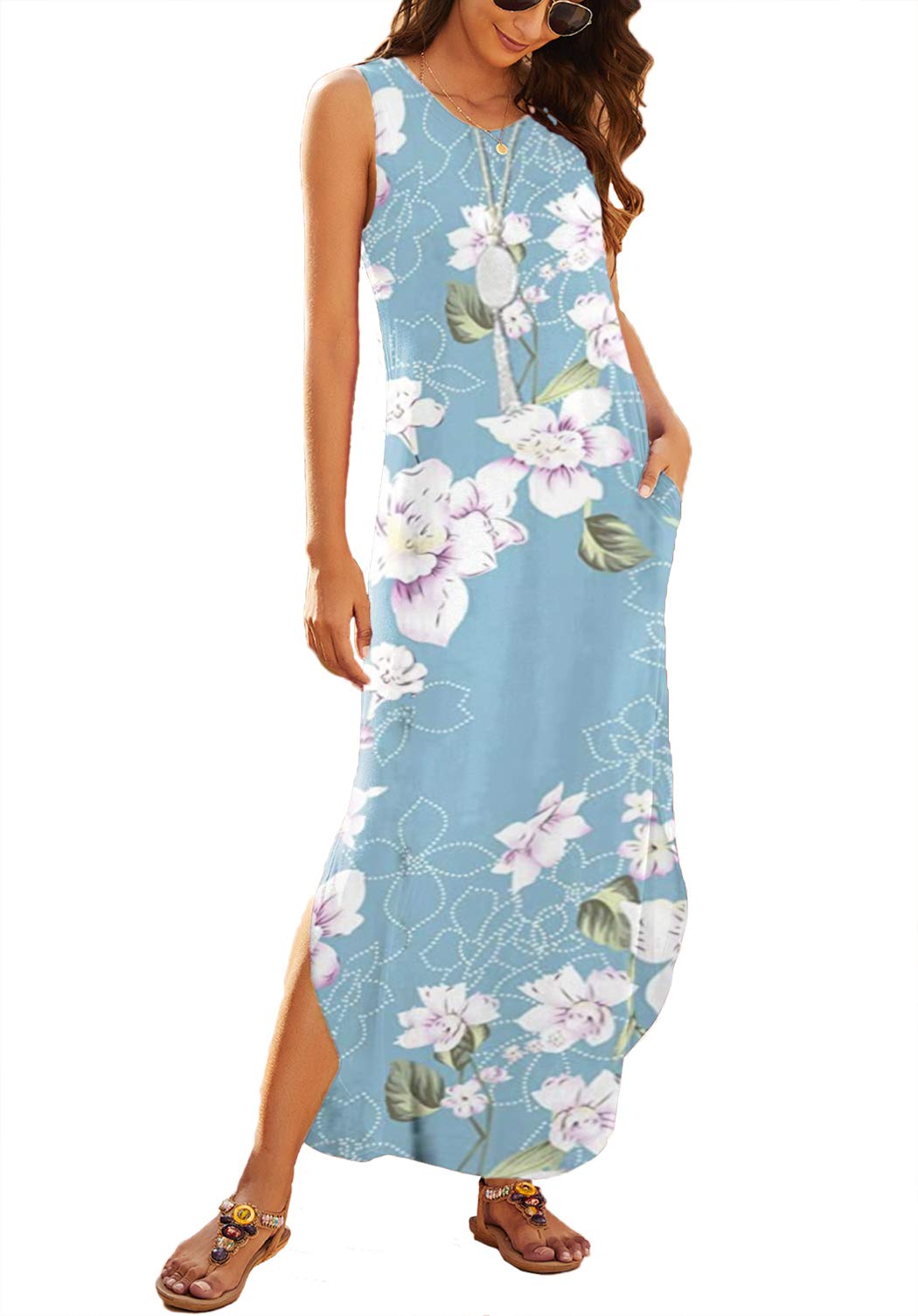 Hount Women's Casual Summer Sleeveless Dress Loose Split Maxi Dresses with Pockets