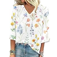 T Shirt for Women 3/4 Sleeve Shirts Lace V Neck Dressy Tops Trendy Summer Floral Blouses
