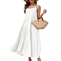 Women Summer Spaghetti Strap Asymmetric Tiered Beach Dress Loose Casual Sleeveless Maxi Long Dresses