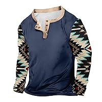 Henley Shirts for Men,Graphic Vintage Fashion Tees Western Aztec Ethnic Henley Shirt Casual Long Sleeve Tee Shirts