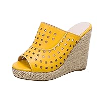 Ladies Fashion Summer Solid Color Hollowed Out Leather Open Toe Sloping Heel Thick Sole Sandals(Yellow,Size 8.5)
