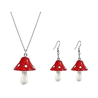 Cute Colorful Mushroom Dangling Earrings Necklace Set Handmade Gummy Mushrooms Necklaces Rainbow Colored 3D Vegetables Jewelry Chains for Women Girls Daughters