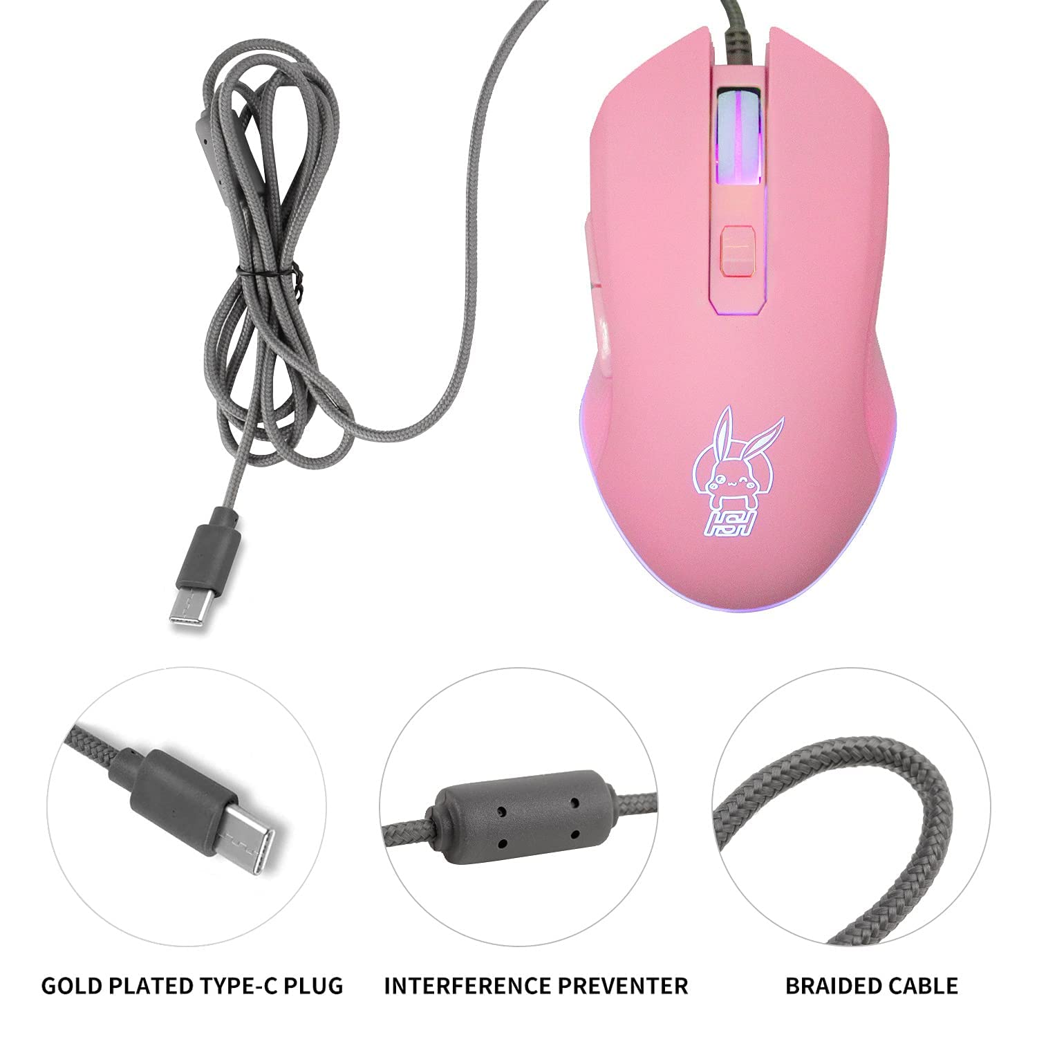 Huifen Wired USB C Gaming Mouse, Silent RGB Gaming Mice 7 Colors Backlit, 2400 DPI, Type C RGB Wired Mouse Gaming for Office Home PC and Notebook and All Type-C Device (Pink) …