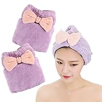 KON Microfiber Hair Towel 2 Pack, Hair Towel with Ribbon, Fast Drying Hair Turban Towel for Women, Quick Absorbent Hair Drying Towel Wrap for Wet, Purple + Purple