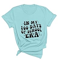 in My 100 Days of School Era Retro Student Teacher T-Shirt Womens Round Neck Graphic Tees Funny Letter Print Tops
