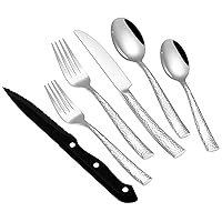 Stapava 48 Pcs Hammered Silverware Set for 8, Stainless Steel Flatware Set with Steak Knives, Mirror Cutlery Include Forks Spoons and Knives Set, Heavy Duty Utensils for Home Hotel, Dishwasher Safe