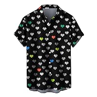 Mens Heart Print Shirts Casual Button Down Pocket Shirt Summer Regular Fit Tops Short Sleeve Beach T Shirt for Men