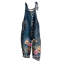 Women'S Jumpsuits, Rompers & Overalls Pockets Printing Cotton Linen Jumpsuit Sleeveless Romper Adjustable Overall