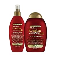 Frizz-Free + Keratin Smoothing Oil Conditioner, 5 in 1, for Frizzy Hair, Shiny Hair with Frizz-Free + Keratin Smoothing Oil Miracle Gloss Spray, 5 in 1, De-frizz Hair, Shiny Hair, Keratin, Argan Oil