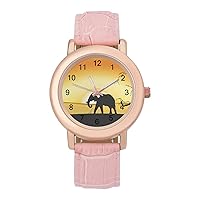 African Elephant and Sunset Women's PU Leather Strap Watch Fashion Wristwatches Dress Watch for Home Work
