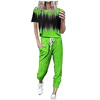 Womens 2024 Summer Two Piece Outfit Fashion Print Short Sleeve Crewneck Tops and Drawstring Pants Casual Tracksuits