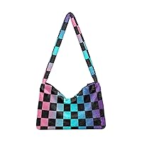 Checkerboard Plaid Colorful Tote Handbags for Women Ultra Soft Fluffy Shoulder Bag with Zipper Fashion Durable Satchel Bag for Concert Picnic Party