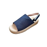 (Blue) Hemp Fabric Women's Shoes Handmade Sandals Wedges Peep Toe