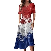 Womens Casual Fashion Print V-Neck Short Sleeve Waist Long Swing Midi Dress