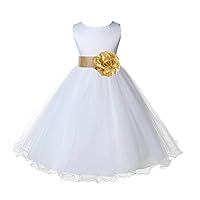 Wedding Pageant White Flower Girl Rattail Edge Tulle Dress