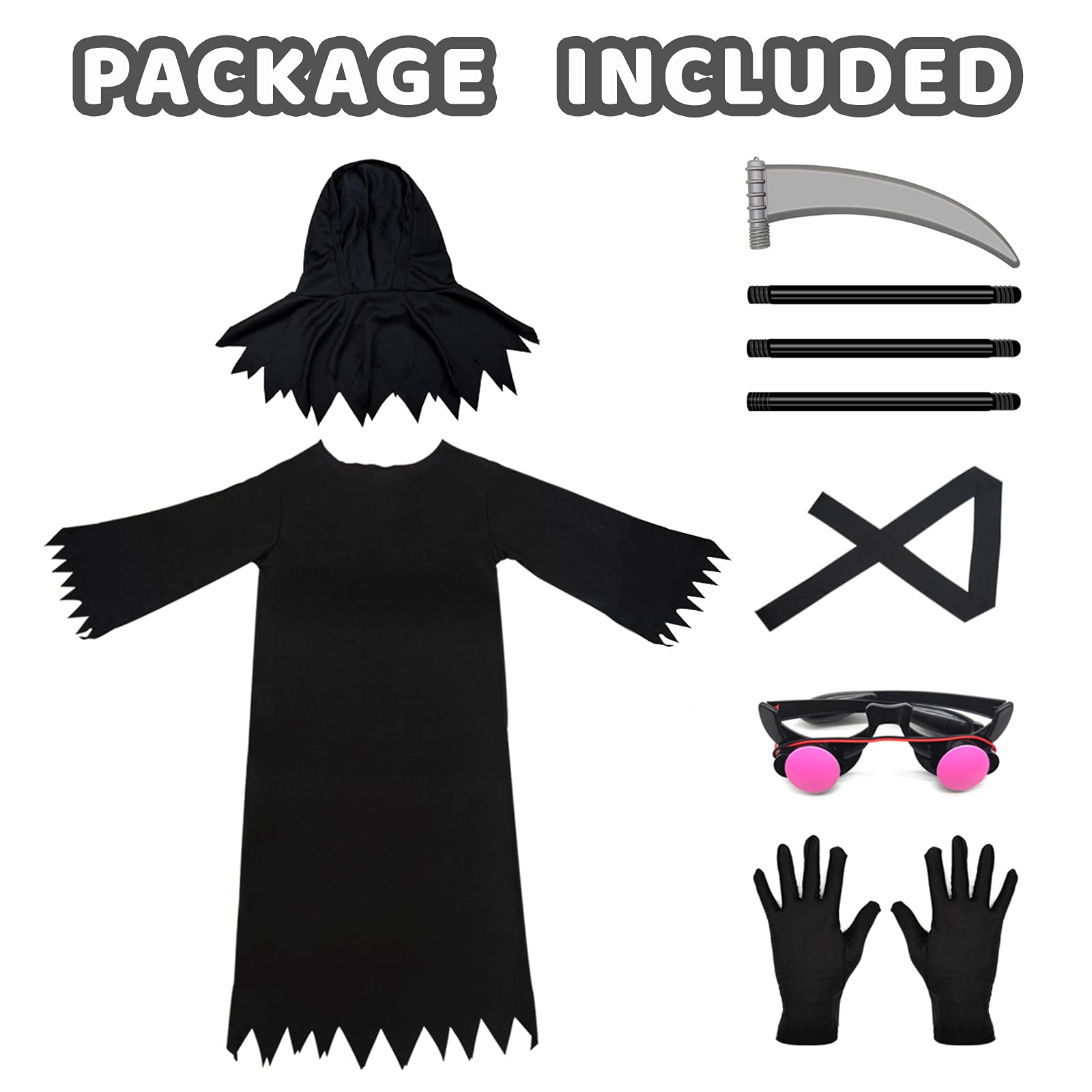 Grim Reaper Halloween Costume with Glowing Red Eyes for Adult, Scythe Included