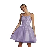 HUUTOE Lace Appliques Tulle Homecoming Dresses for Teens Backless Spaghetti Straps Short Prom Cocktail Dress 2023