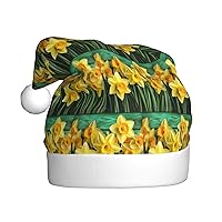 Yellow Daffodils Flowers Print Santa Hat Unisex Plush Christmas Hat Cute Xmas Hat For New Year Festive Party