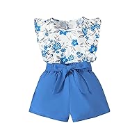 Girl's 2 Piece Outfits Floral Butterfly Sleeve Crewneck Blouse Ruffle Trim Tee Top and Belted Shorts Sets