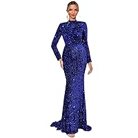 Dresses for Women - Mock Neck Sequin Mermaid Formal Gown (Color : Blue, Size : Large)
