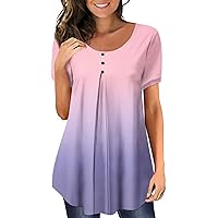 Womens Tops Dressy Casual,Womens Trendy Gradient Crewneck Ruched Short Sleeve Shirts Loose Button Down Tunic Tops