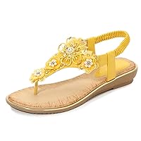 Thong Sandals for Women Beach,Bohemia Floral Flat Sandals T-Strap Summer Beach Glitter Beaded Elastic Flip-Flop Thong Shoes