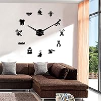 Dentist Sign Giant DIY Large Wall Clock with Mirror Effect Dental Clock Wall Art Home Decor Frameless Big Time Clock Watch(Black)