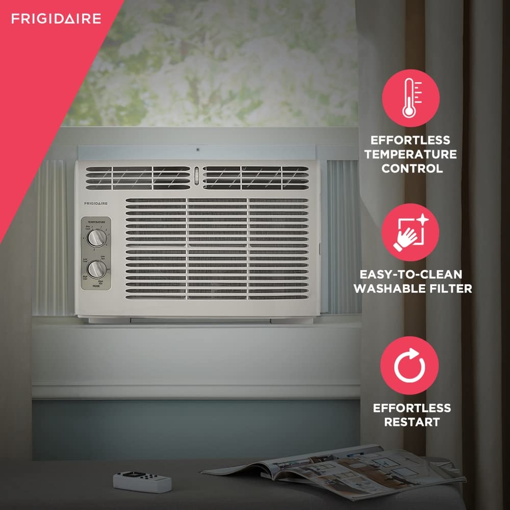 Frigidaire FFRA051WAE Window-Mounted Room Air Conditioner, 5,000 BTU with Temperature Control and Easy-to-Clean Washable Filter, in White